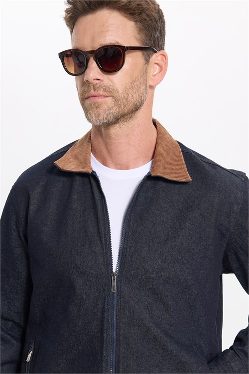 Erkek Regular Fit Rahat Kesim Kadife Yaka Fermuarlı Denim Lacivert Ceket Gömlek