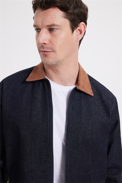 Erkek Regular Fit Rahat Kesim Kadife Yaka Fermuarlı Denim Lacivert Ceket Gömlek