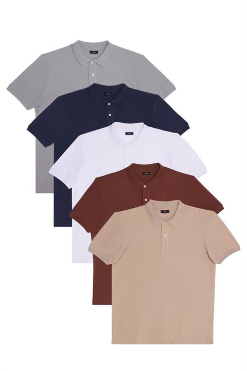 Erkek 5li Paket Gri-Lacivert-Beyaz-Kahverengi-Taş Regular Fit Pamuklu Düz Pike Polo Yaka Tişört