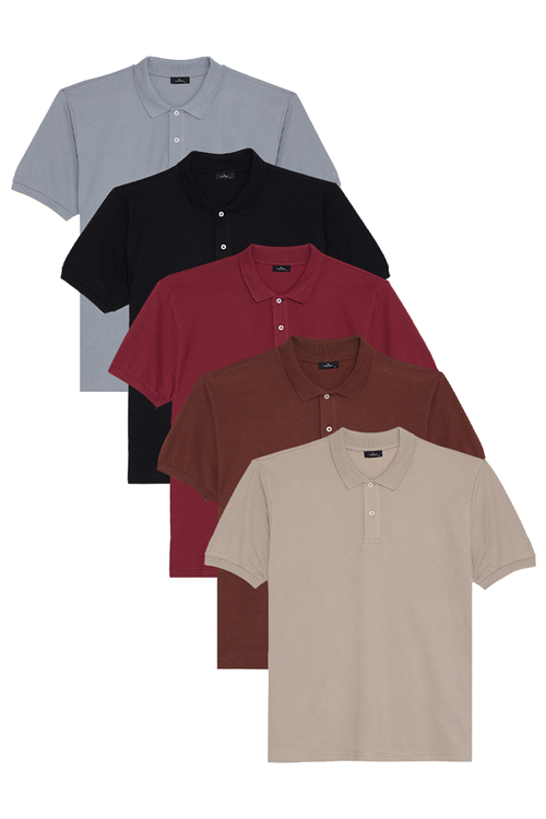 Erkek 5li Paket Gri-Kahverengi-Kırmızı-Siyah-Taş Regular Fit Pamuklu Düz Pike Polo Yaka Tişört