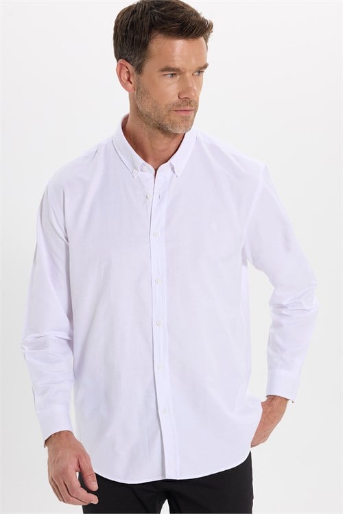 Regular Fit Rahat Kesim Oxford Doku Uzun Kollu Düğmeli Yaka Pamuklu Beyaz Erkek Gömlek