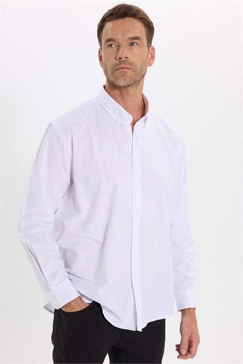 Regular Fit Rahat Kesim Oxford Doku Uzun Kollu Düğmeli Yaka Pamuklu Beyaz Erkek Gömlek