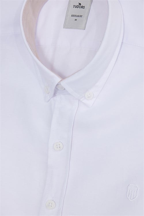 Regular Fit Rahat Kesim Oxford Doku Uzun Kollu Düğmeli Yaka Pamuklu Beyaz Erkek Gömlek