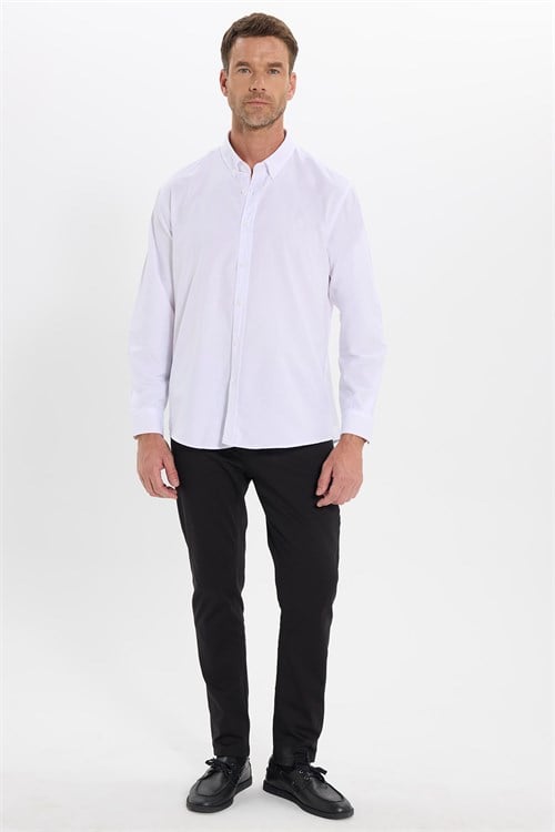 Regular Fit Rahat Kesim Oxford Doku Uzun Kollu Düğmeli Yaka Pamuklu Beyaz Erkek Gömlek