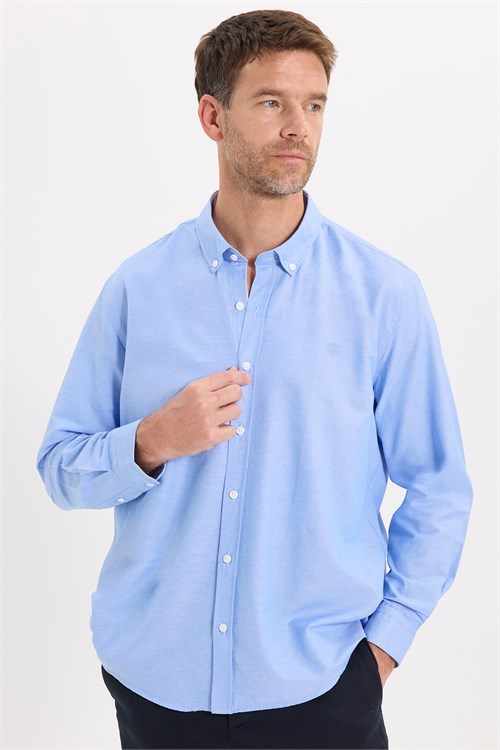 Regular Fit Rahat Kesim Oxford Doku Uzun Kollu Düğmeli Yaka Pamuklu Mavi Renk Erkek Gömlek
