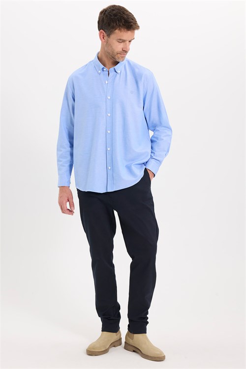Regular Fit Rahat Kesim Oxford Doku Uzun Kollu Düğmeli Yaka Pamuklu Mavi Renk Erkek Gömlek