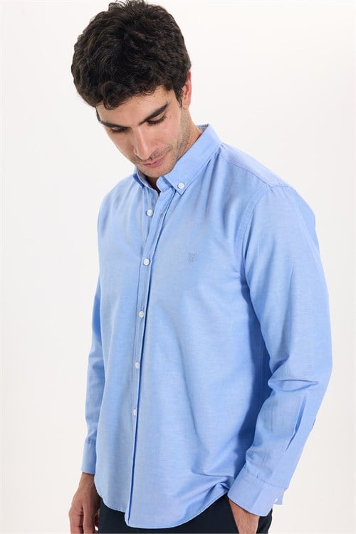 Regular Fit Rahat Kesim Oxford Doku Uzun Kollu Düğmeli Yaka Pamuklu Mavi Renk Erkek Gömlek