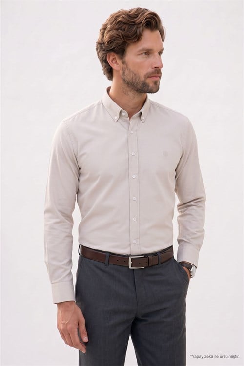 Regular Fit Rahat Kesim Oxford Doku Uzun Kollu Düğmeli Yaka Pamuklu Taş Renk Erkek Gömlek