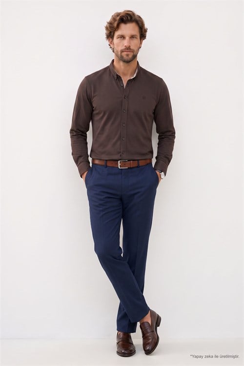 Regular Fit Rahat Kesim Oxford Doku Uzun Kollu Düğmeli Yaka Pamuklu Koyu Kahve Erkek Gömlek