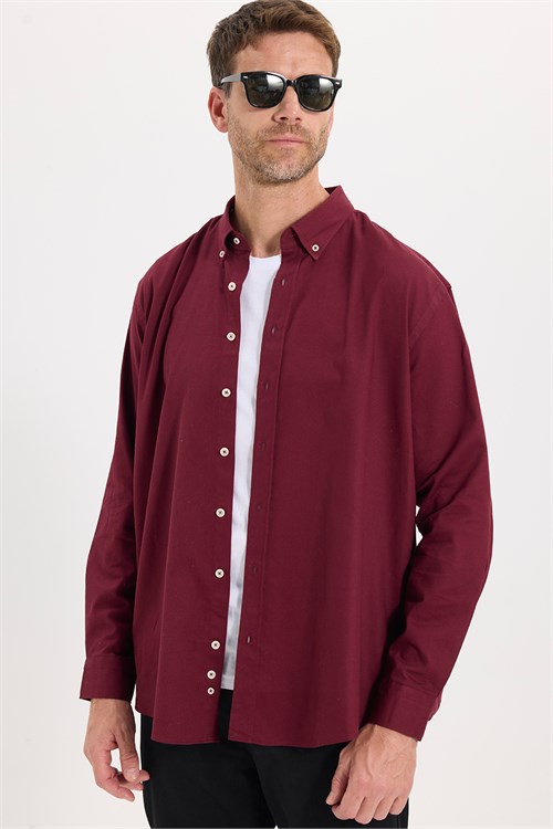 Erkek Regular Fit Rahat Kesim Kadife Doku Düz Yaka Düğmeli Premium Bordo Gömlek