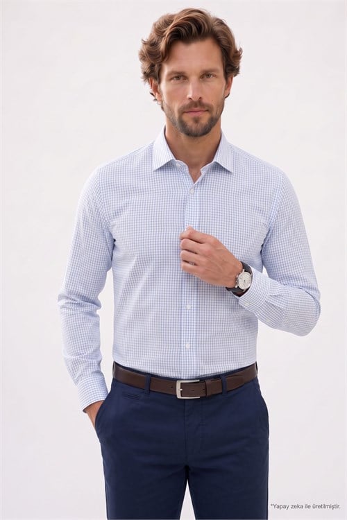Erkek Regular Fit Rahat Kesim Uzun Kollu Kolay Ütülenebilir Pötikareli Mavi Gömlek