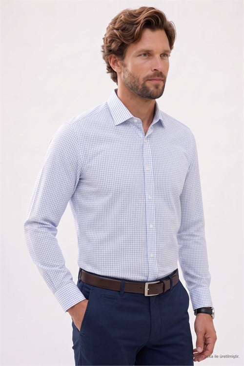 Erkek Regular Fit Rahat Kesim Uzun Kollu Kolay Ütülenebilir Pötikareli Mavi Gömlek