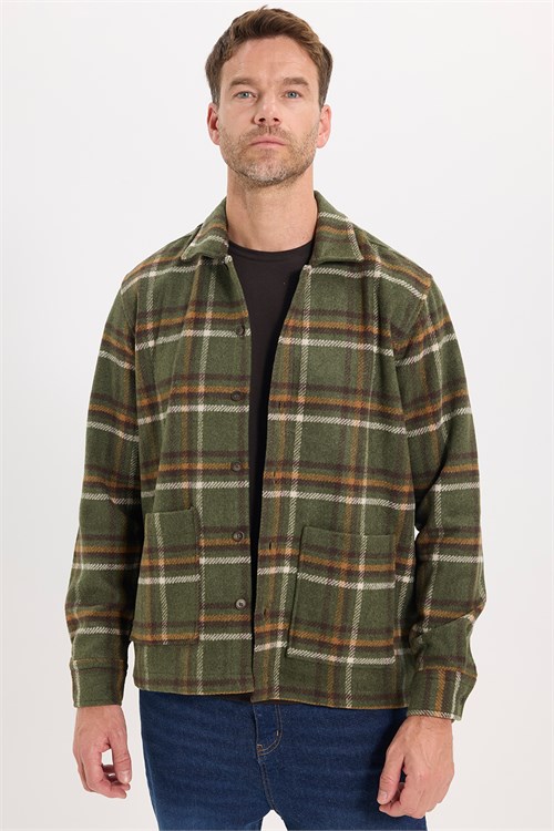 Erkek Regular Fit Klasik Kesim Cepli Kışlık Kareli Yün Karışımlı Haki Kaşe Ceket Gömlek