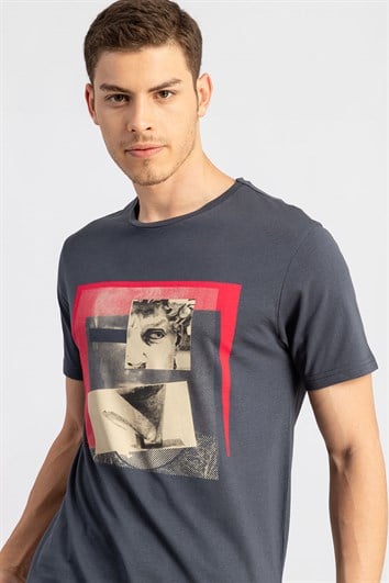 Erkek Slim Fit Dar Kesim %100 Pamuk Yumuşak Dokulu Baskılı Gri Bisiklet Yaka Tişört