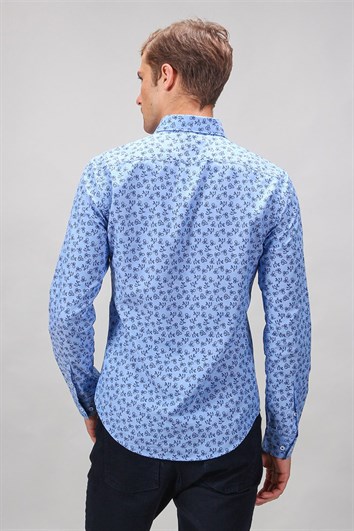 Slim Fit Uzun Kollu Pamuklu Kolay Ütü Desenli Erkek Mavi Gömlek