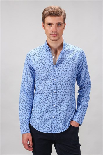 Slim Fit Uzun Kollu Pamuklu Kolay Ütü Desenli Erkek Mavi Gömlek