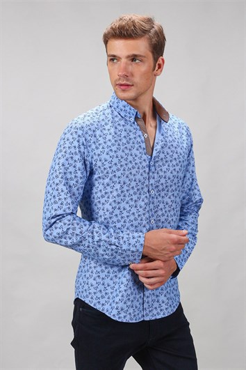 Slim Fit Uzun Kollu Pamuklu Kolay Ütü Desenli Erkek Mavi Gömlek