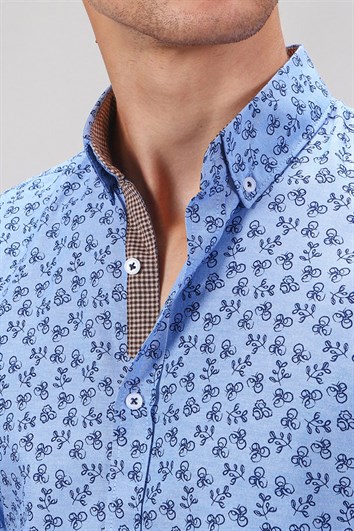 Slim Fit Uzun Kollu Pamuklu Kolay Ütü Desenli Erkek Mavi Gömlek