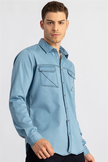 Slim Fit Uzun Kollu Çift Parça Dikiş Cep Erkek Mavi Gömlek