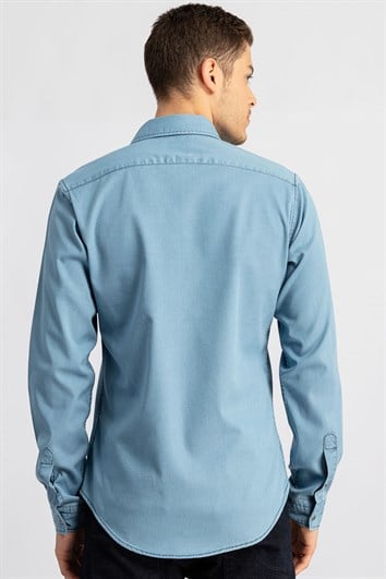Slim Fit Uzun Kollu Çift Parça Dikiş Cep Erkek Mavi Gömlek