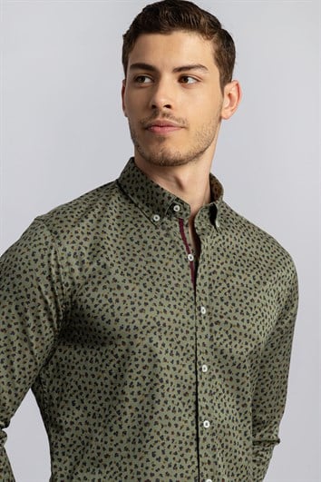 Süper Slim Fit Uzun Kollu Düğmeli Yaka Pamuklu Likralı Desenli Spor Erkek Gömlek