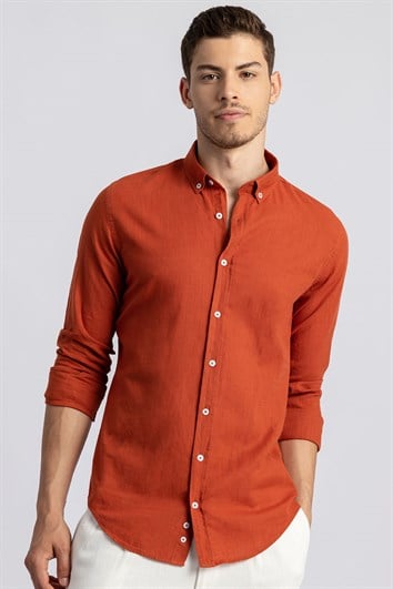 Slim Fit Uzun Kollu Dar Kesim Flamlı Pamuk Keten Erkek Gömlek