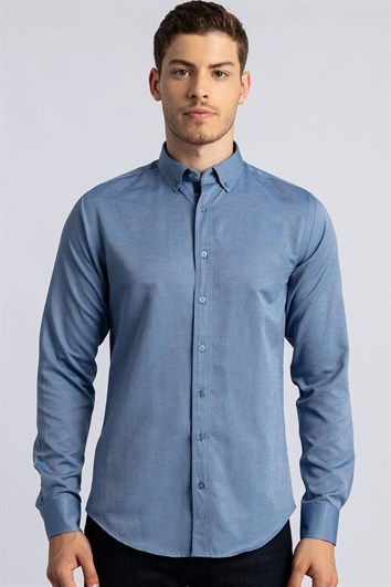 Erkek Slim Fit Dar Kesim Uzun Kollu Pamuklu Oxford Doku Kolay Ütülenebilir Mavi Düğmeli Yaka Gömlek