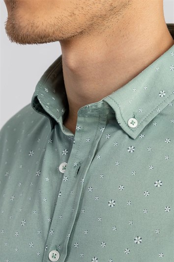 Slim Fit Kısa Kollu Baskılı Erkek Mint Gömlek