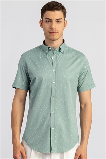 Slim Fit Kısa Kollu Baskılı Erkek Mint Gömlek