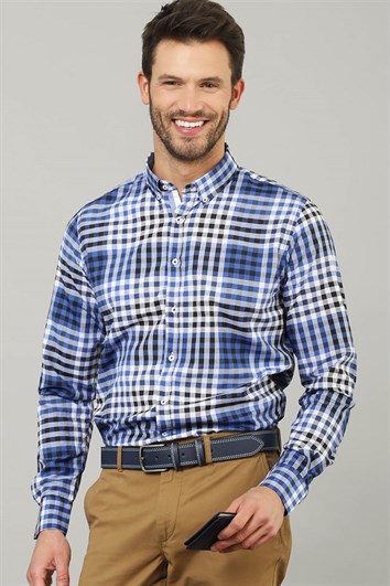 Slim Fit Uzun Kollu Düğmeli Yaka Kareli Pamuklu Kolay Ütü Erkek Gömlek