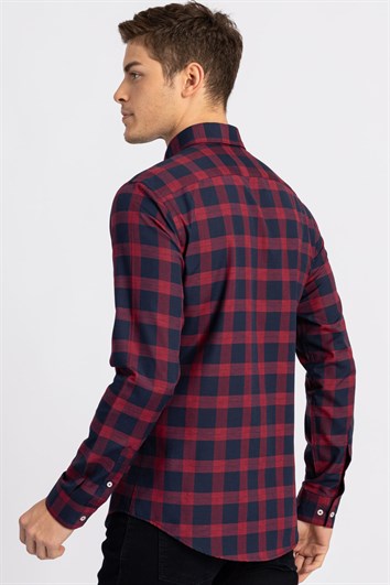 Slim Fit Uzun Kollu Düğmeli Yaka Kareli Pamuklu Kolay Ütü Erkek Gömlek