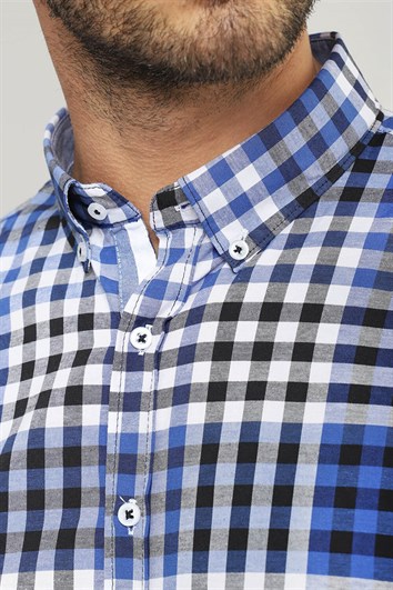 Slim Fit Uzun Kollu Düğmeli Yaka Kareli Pamuklu Kolay Ütü Erkek Gömlek