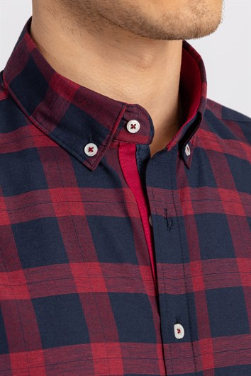 Slim Fit Uzun Kollu Düğmeli Yaka Kareli Pamuklu Kolay Ütü Erkek Gömlek
