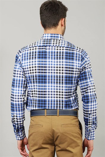 Slim Fit Uzun Kollu Düğmeli Yaka Kareli Pamuklu Kolay Ütü Erkek Gömlek