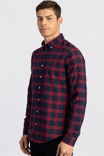 Slim Fit Uzun Kollu Düğmeli Yaka Kareli Pamuklu Kolay Ütü Erkek Gömlek