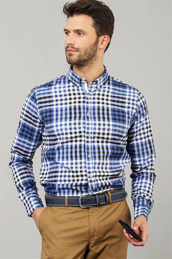 Slim Fit Uzun Kollu Düğmeli Yaka Kareli Pamuklu Kolay Ütü Erkek Gömlek