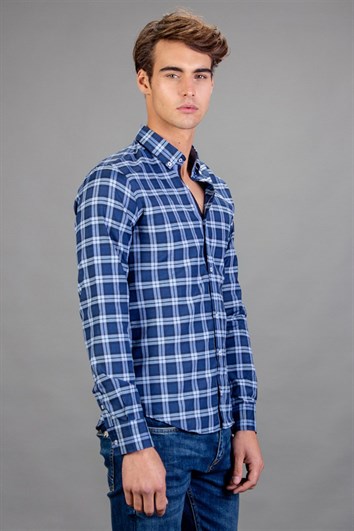 Slim Fit Uzun Kollu Düğmeli Yaka Kareli Pamuklu Kolay Ütü Erkek Gömlek