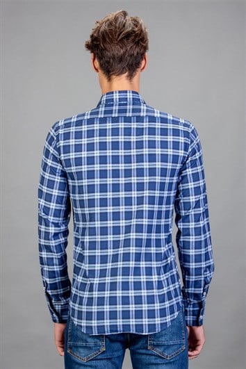 Slim Fit Uzun Kollu Düğmeli Yaka Kareli Pamuklu Kolay Ütü Erkek Gömlek