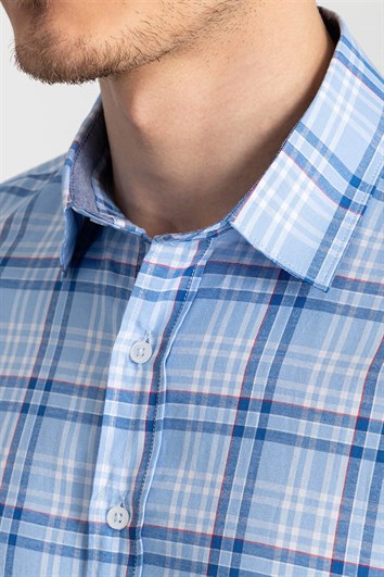 Slim Fit Uzun Kollu Kareli Pamuklu Kolay Ütü Erkek Mavi Gömlek
