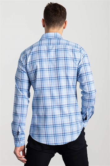 Slim Fit Uzun Kollu Kareli Pamuklu Kolay Ütü Erkek Mavi Gömlek