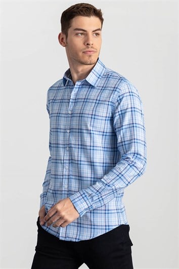 Slim Fit Uzun Kollu Kareli Pamuklu Kolay Ütü Erkek Mavi Gömlek