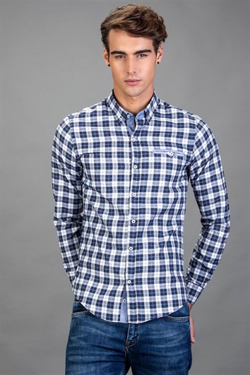 Slim Fit Uzun Kollu Kareli Pamuklu Kolay Ütü Erkek Renkli Beyaz Gömlek