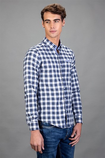 Slim Fit Uzun Kollu Kareli Pamuklu Kolay Ütü Erkek Renkli Beyaz Gömlek