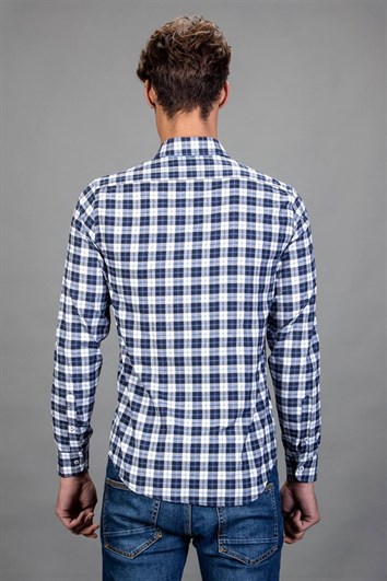 Slim Fit Uzun Kollu Kareli Pamuklu Kolay Ütü Erkek Renkli Beyaz Gömlek