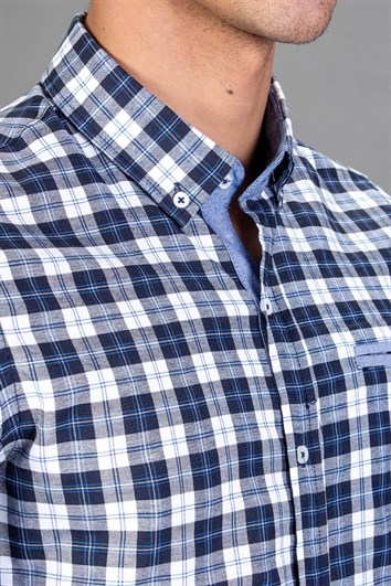 Slim Fit Uzun Kollu Kareli Pamuklu Kolay Ütü Erkek Renkli Beyaz Gömlek