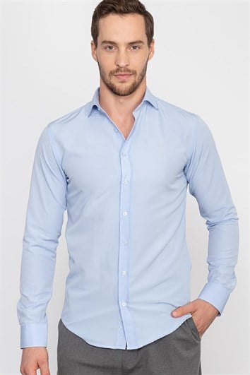Slim Fit Uzun Kollu Pamuklu Kolay Ütü Erkek Mavi Gömlek