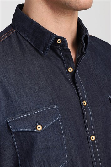 Slim Fit Uzun Kollu Dar Kesim Çift Cep Unisex Lacivert Gömlek