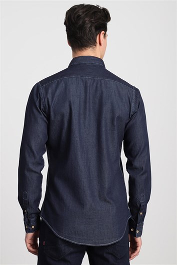 Slim Fit Uzun Kollu Dar Kesim Çift Cep Unisex Lacivert Gömlek