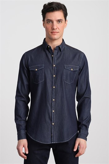 Slim Fit Uzun Kollu Dar Kesim Çift Cep Unisex Lacivert Gömlek