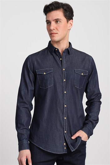 Slim Fit Uzun Kollu Dar Kesim Çift Cep Unisex Lacivert Gömlek